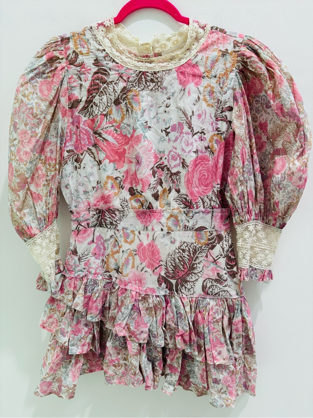 LoveShackFancy Pink Floral Ruffle Mini Dress with Cream Lace